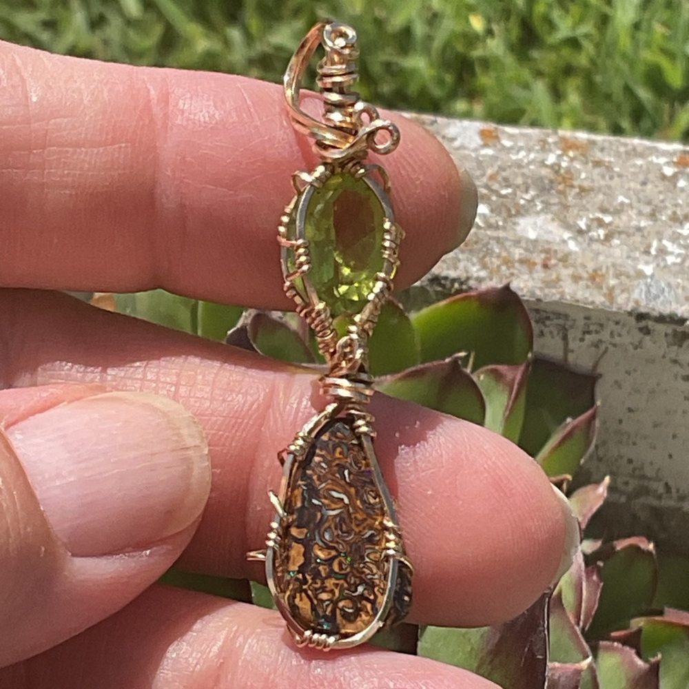 Bolder Opal and Sphene Good Wirewrap Pendant - Picture 3 of 5